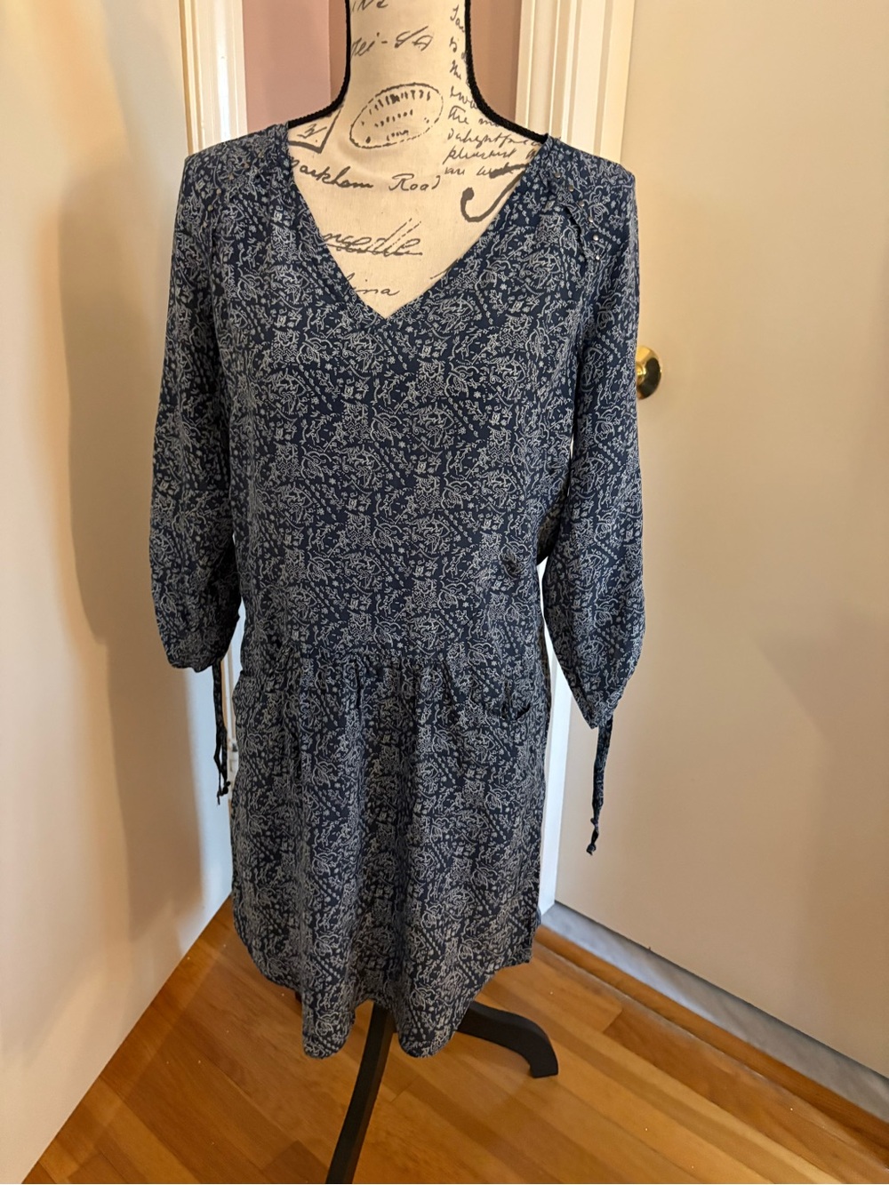 Comptoir Des Cotonniers Navy Blue Printed V-Neck Long Sleeve Dress